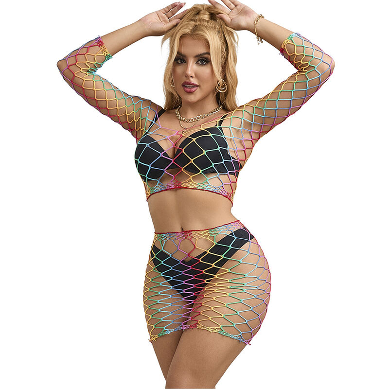 SUBBLIME - 952440 BODYSTOCKING A RETE 2 PEZZI MANICA LUNGA ARCOBALENO TAGLIA UNICA