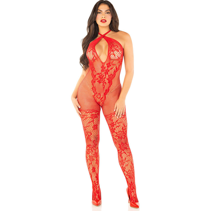 LEG AVENUE - BODYSTOCKING A MAGLIA CON STAMPA A FIORI ROSSO TAGLIA UNICA